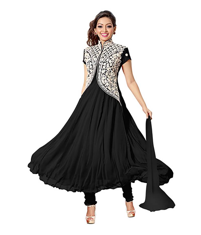 Black embroidered georgette semi stitched salwar with dupatta