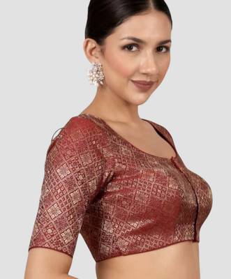 Maroon brocade padded readymade saree blouse 3