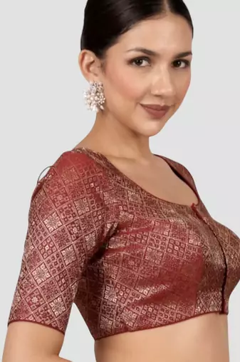 Maroon brocade padded readymade saree blouse
