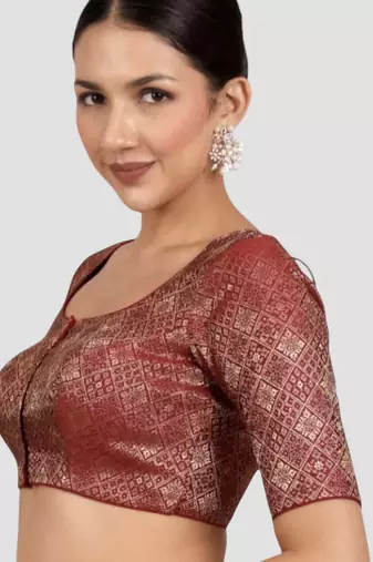 Maroon brocade padded readymade saree blouse