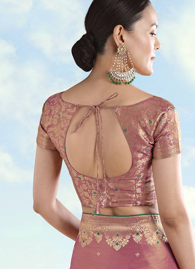 Light pink zari woven faux banarasi tissue silk readymade blouse