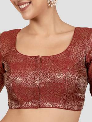 Maroon brocade padded readymade saree blouse 5