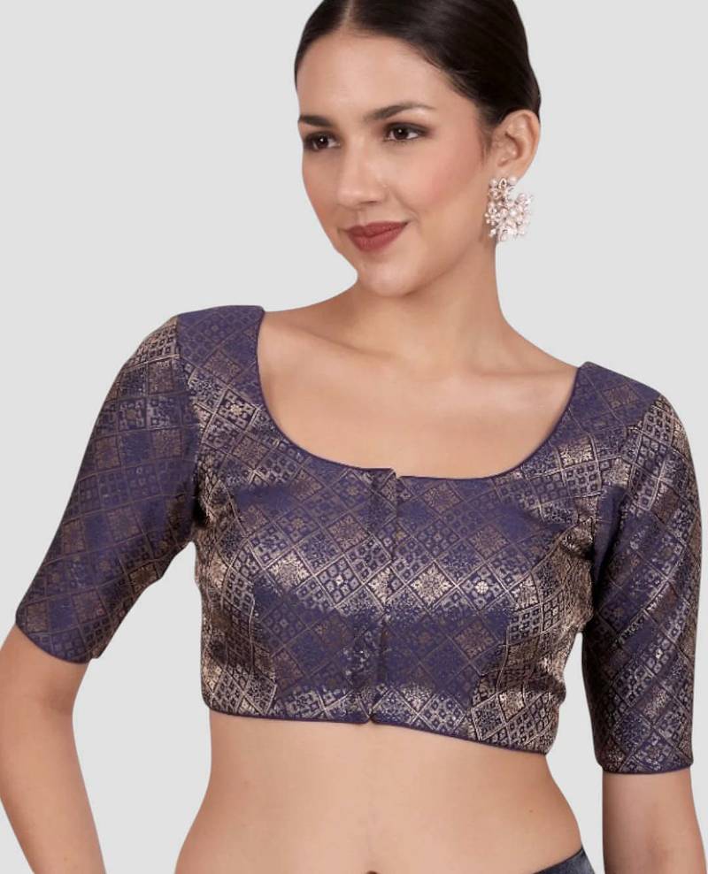 Navy blue brocade padded readymade saree blouse