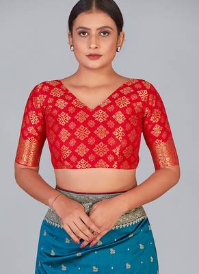 Red zari woven silk blend readymade blouse 1