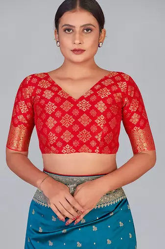 Red zari woven silk blend readymade blouse