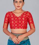 Red zari woven silk blend readymade blouse