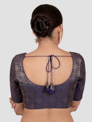Navy blue brocade padded readymade saree blouse 2