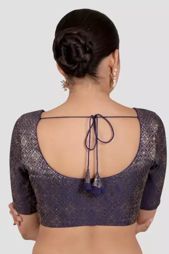 Navy blue brocade padded readymade saree blouse