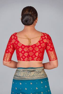 Red zari woven silk blend readymade blouse 2