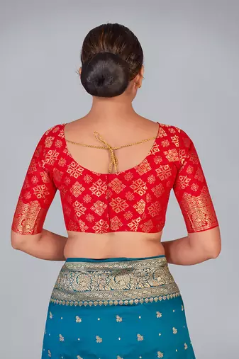 Red zari woven silk blend readymade blouse