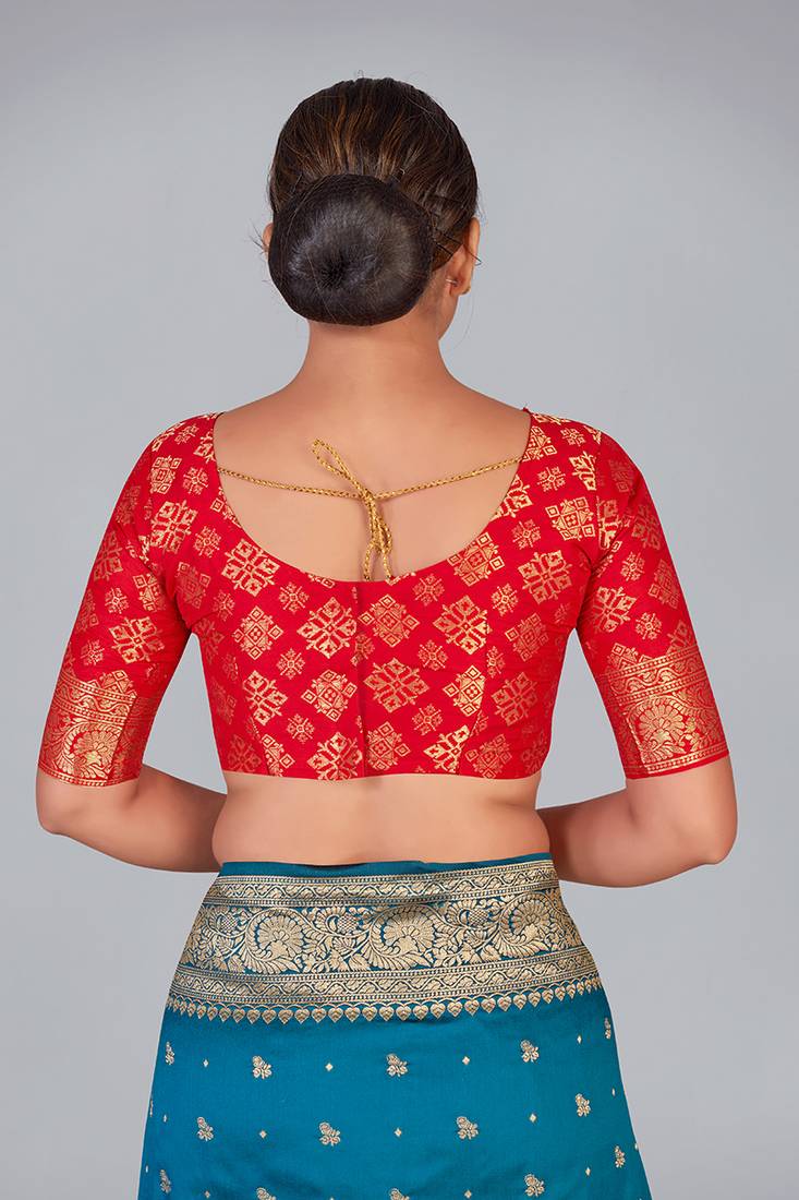 Red zari woven silk blend readymade blouse