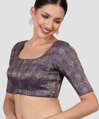 Navy blue brocade padded readymade saree blouse 3