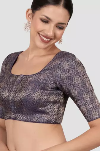 Navy blue brocade padded readymade saree blouse