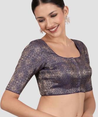 Navy blue brocade padded readymade saree blouse 4