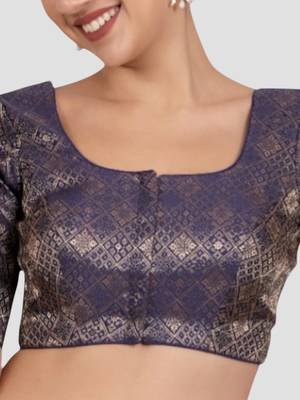 Navy blue brocade padded readymade saree blouse 5