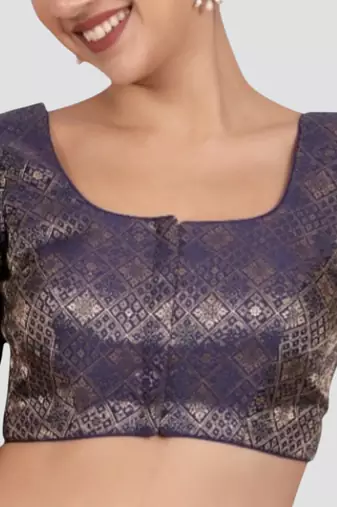 Navy blue brocade padded readymade saree blouse