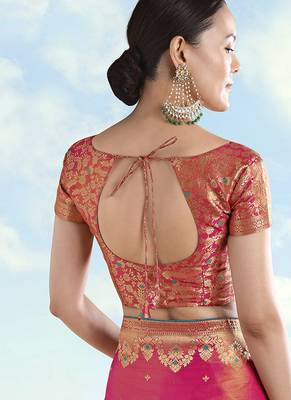 Red zari woven faux banarasi tissue silk readymade blouse 2
