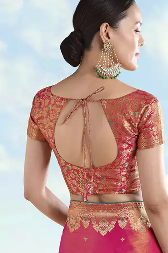 Red zari woven faux banarasi tissue silk readymade blouse