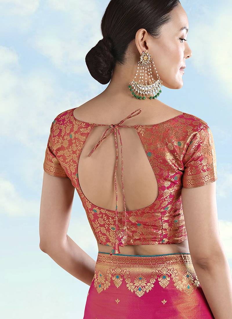 Red zari woven faux banarasi tissue silk readymade blouse