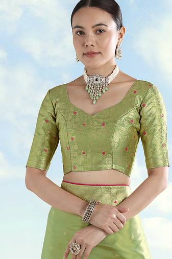 Parrot green zari woven faux banarasi tissue silk readymade blouse