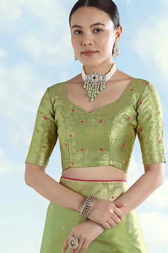 Parrot green zari woven faux banarasi tissue silk readymade blouse