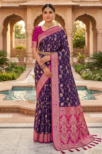 Purple soft silk blend saree with zari weaving meenakari design