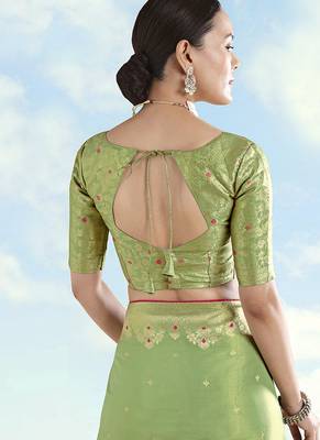 Parrot green zari woven faux banarasi tissue silk readymade blouse 2