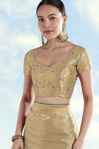 Cream zari woven faux banarasi tissue silk readymade blouse