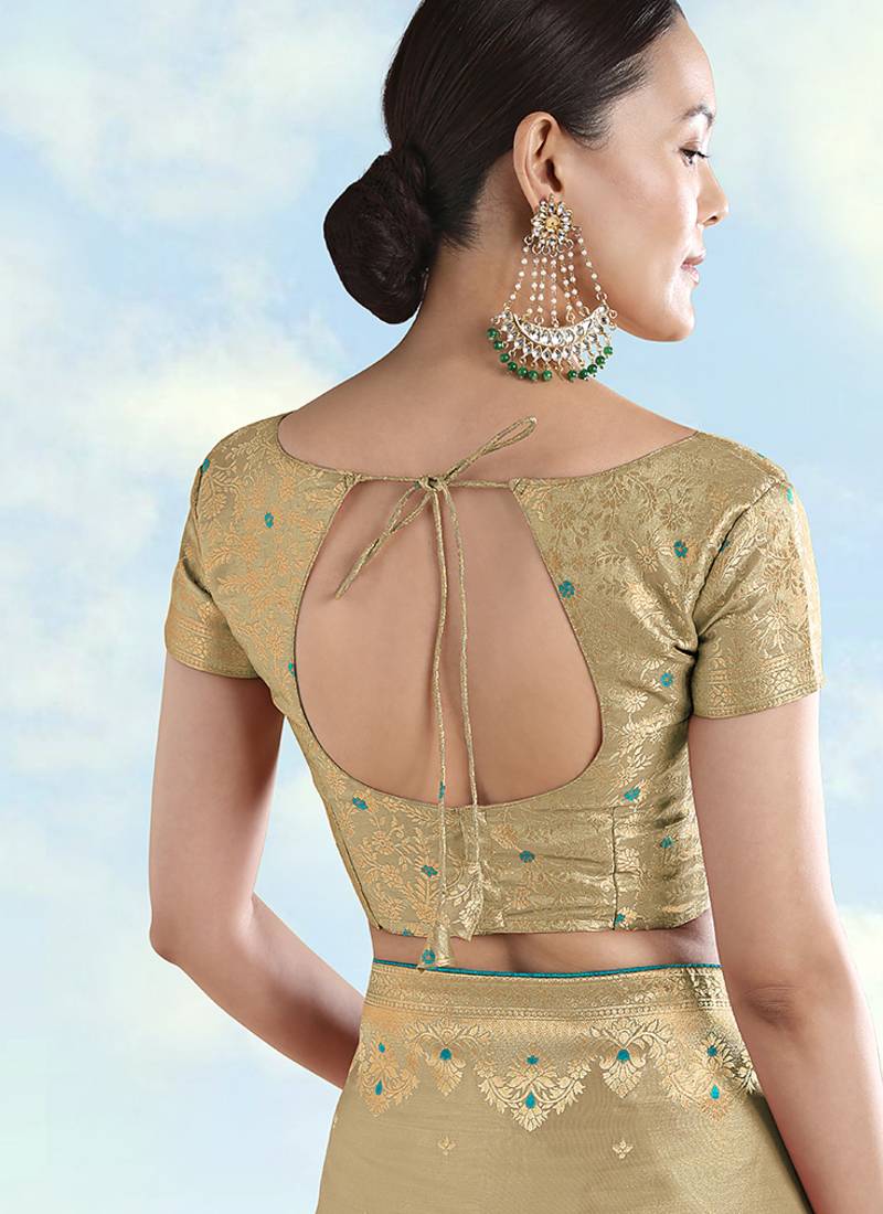 Cream zari woven faux banarasi tissue silk readymade blouse