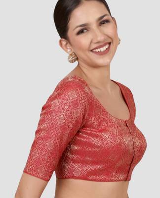 Red brocade padded readymade saree blouse 3