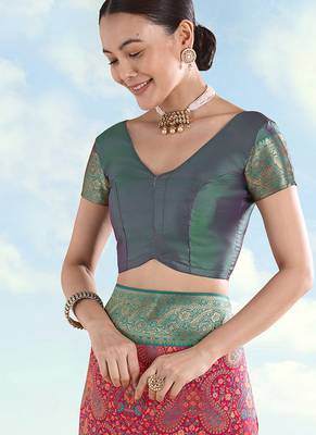 Teal blue faux banarasi silk readymade blouse 1
