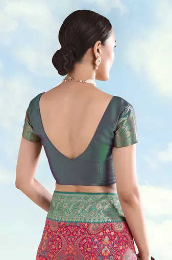 Teal blue faux banarasi silk readymade blouse