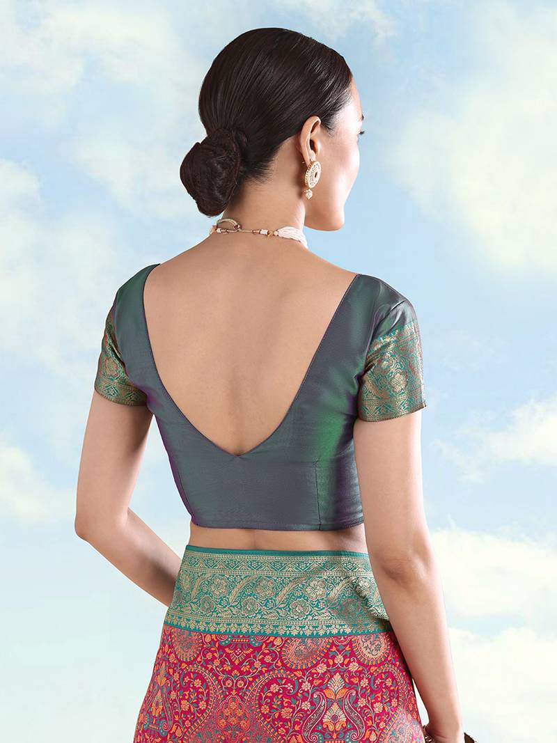 Teal blue faux banarasi silk readymade blouse