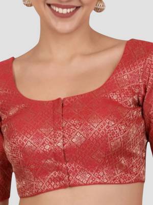 Red brocade padded readymade saree blouse 5