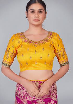 Yellow embroidered art silk readymade blouse 1
