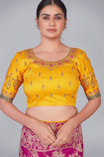 Yellow embroidered art silk readymade blouse