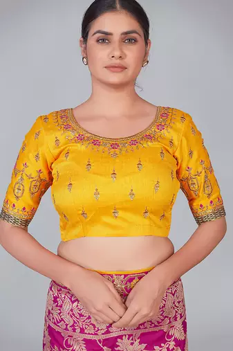 Yellow embroidered art silk readymade blouse