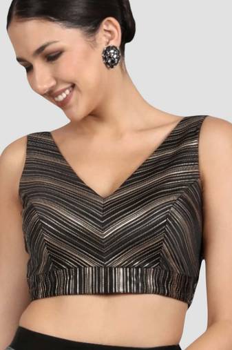 Black & gold striped silk v-neck readymade sleeveless readymade saree blouse
