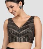 Black & gold striped silk v-neck readymade sleeveless readymade saree blouse