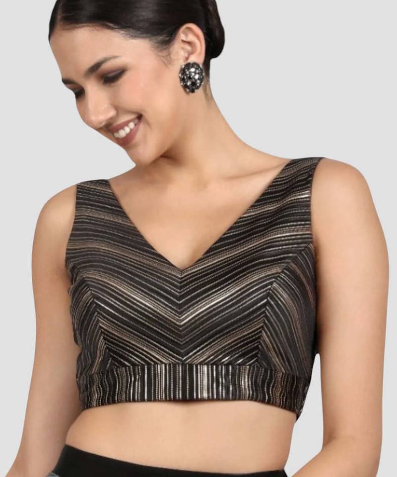Black & gold striped silk v-neck readymade sleeveless readymade saree blouse