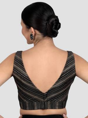Black & gold striped silk v-neck readymade sleeveless readymade saree blouse 2