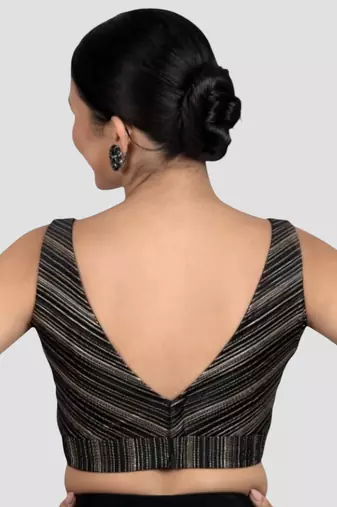 Black & gold striped silk v-neck readymade sleeveless readymade saree blouse