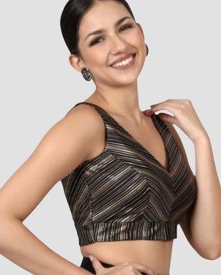 Black & gold striped silk v-neck readymade sleeveless readymade saree blouse 3