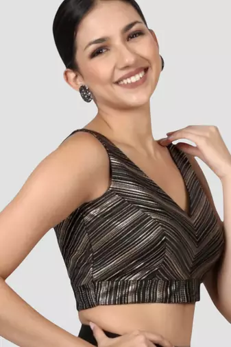 Black & gold striped silk v-neck readymade sleeveless readymade saree blouse