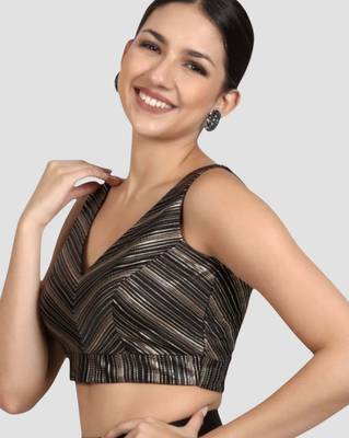 Black & gold striped silk v-neck readymade sleeveless readymade saree blouse 4