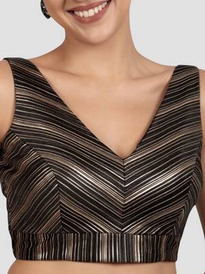 Black & gold striped silk v-neck readymade sleeveless readymade saree blouse 5