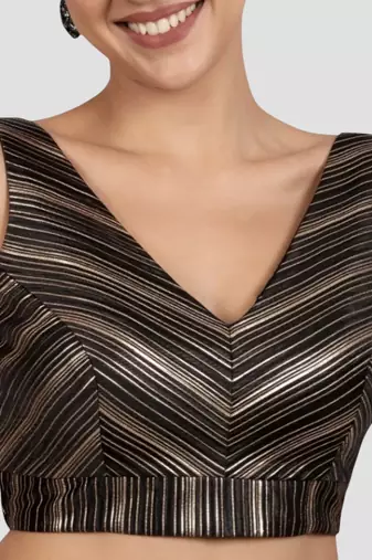 Black & gold striped silk v-neck readymade sleeveless readymade saree blouse