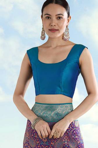 Teal blue faux banarasi silk readymade blouse
