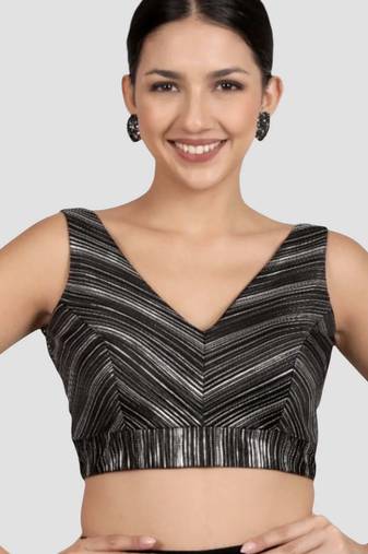 Black & silver striped silk v-neck readymade sleeveless readymade saree blouse
