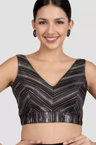 Black & silver striped silk v-neck readymade sleeveless readymade saree blouse